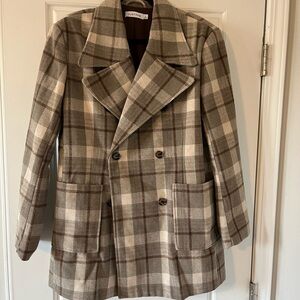 JustFab Brown and Cream Pea Coat with Structured Shoulders